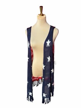 Boho Crochet Fringe Vest Red White Blue Star Festival Vest Plus Size 2X
